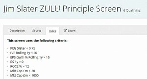 Stocko Slater rules (Jim Slater Zulu Stock Screen)
